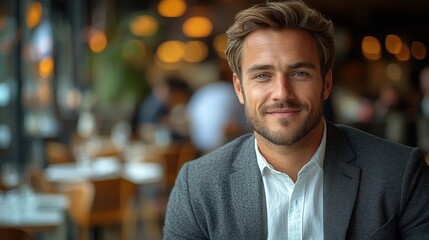 Fototapeta premium Handsome Young Businessman in Suit Smiling at Camera, Close-Up Portrait in Restaurant,