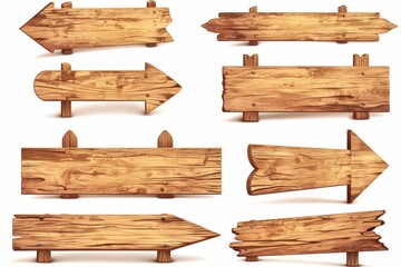 Set of wooden directional signs in various arrow shapes with rustic textures, ideal for guiding directions. All signs are isolated on a white background.