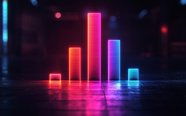 A futuristic glowing neon bar graph in a dark setting, symbolizing data analysis, technology, and performance tracking in modern business.