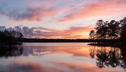 Dreamy Dusk: Soft Cotton Candy Clouds and Mirror-Like Reflections Over a Calm Lake"