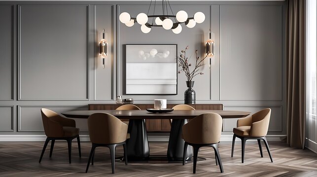 A chic dining room interior with a dark wooden dining table, modern chairs, and a statement chandelier, all set against a light gray wall for a sophisticated aesthetic. 8k UHD, suitable for 