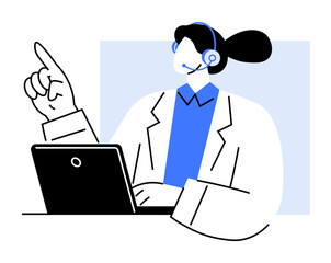 A customer support representative wearing a headset sits at a laptop and points upwards. Ideal for customer service, tech support, online assistance, communication, business. Simple vector style.