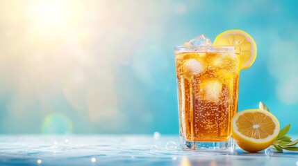 Iced Tea with Lemon and Ice Cubes on a Blue Background