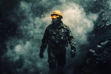 A man in a yellow helmet and goggles is walking through a foggy