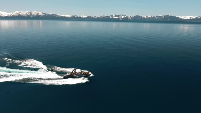Aerial of Lake Tahoe Summer Boating and Wake Surfing 1