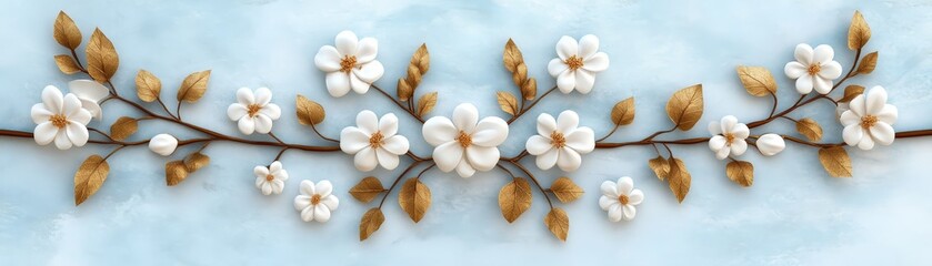 White Flowers and Gold Leaves on Blue Background   Floral Design Element