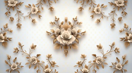 3D Floral Wallpaper Design with White Roses and Golden Leaves