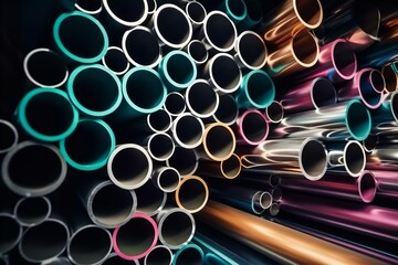 Vibrant Stack of Stainless Steel Pipes with Colorful Reflections Industrial Background