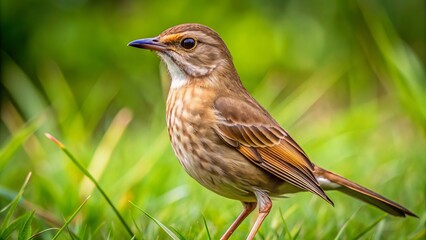 Fototapeta premium The brown bird's pale belly and dark streaks on its back and wings are visible as it perches