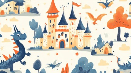 Cute Cartoon Dragon and Castle Illustration for Children s Book