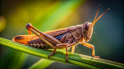The brown grasshopper's rugged carapace stretches across the tip of the blade, bathed in warm golden light, with
