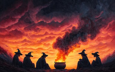 A mystical scene of witches gathered around a cauldron, casting spells in a dramatic, fiery sky at twilight.