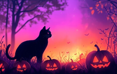 A mysterious black cat silhouettes against a vibrant Halloween sunset with glowing pumpkins and flying bats in the background.