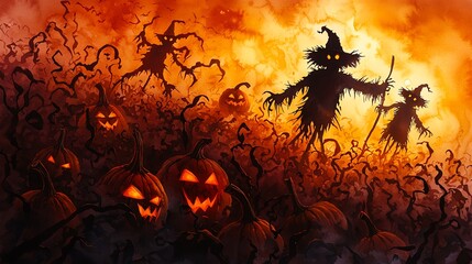 A spooky Halloween scene with eerie scarecrows, glowing pumpkins, and a haunting orange sky, perfect for festive imagery.