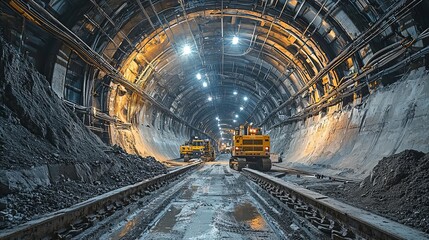 Obraz premium A massive underground tunnel system branching into multiple directions, construction vehicles navigating through, multi-branch tunnel, urban transit project