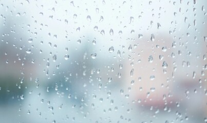 A transparent glass with drops of water, allowing a view of the outside, though it's not clear. The glass is covered with vapor or steam, typical of a rainy day