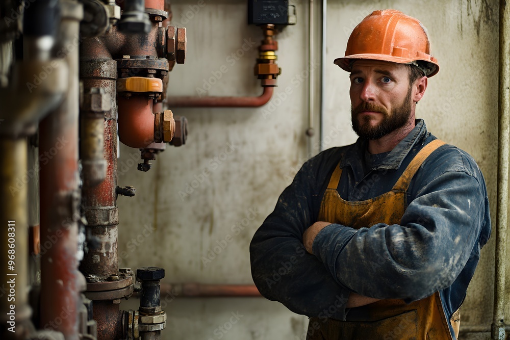 Sticker a man in a yellow vest and orange hat stands in front of a wall of pipes