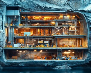 Cross-section view of an underground research facility being built, with multiple levels, labs, and support structures, underground facility, science infrastructure project
