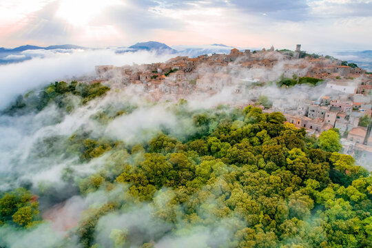 Aerial view of historic town of Erice near Trapani. Castello di Venere, Sicily, Italy.