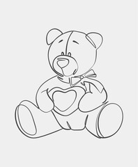 Simple line art of a teddy bear holding a heart, featuring a bow tie. Ideal for coloring pages or children's designs.