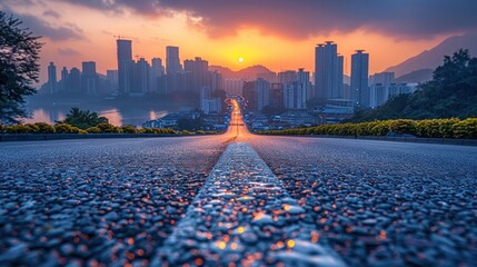 A long road leading towards a city skyline at sunset.