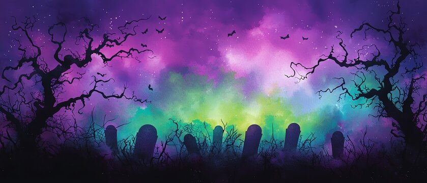 A haunting graveyard scene with glowing colors and eerie trees, perfect for Halloween themes and spooky art.