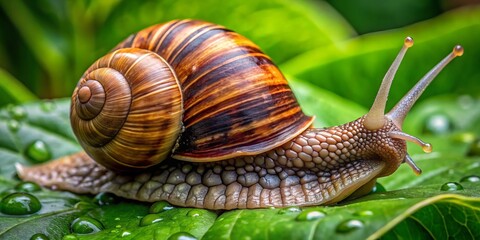 The Giant African land snail, adorned with a speckled dark brown shell, inches its way along the lush