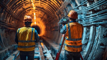 Engineers inspecting a large underground tunnel with advanced surveying equipment, engineers  tunnel, urban underground construction project
