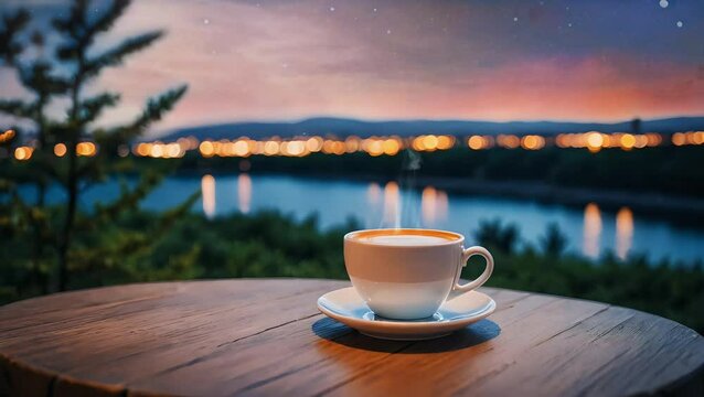 cup of coffee on the table in night landscape with lake. seamless looping time-lapse 4K video background	