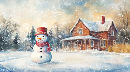 Obraz premium Winter holiday background banner cute snowman Merry christmas and happy new year