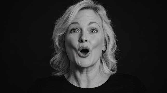 Happy blonde woman in 50 yo, black background, portrait, mouth rounded, saying oh, the woman is making oooh sound with her mouth, she is opening her mouth to make duck face.