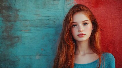 Fototapeta premium A portrait of a young woman with long red hair against a colorful background.
