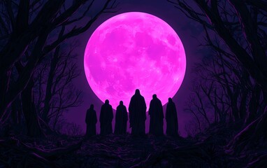 Mysterious figures silhouetted against a vibrant purple moon in a dark, shadowy forest, evoking an eerie atmosphere.