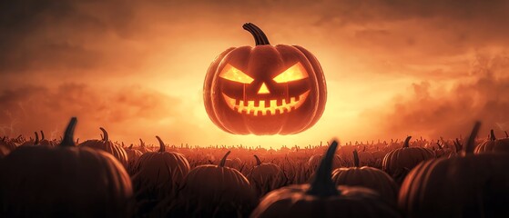 Eerie Halloween scene featuring a glowing jack-o'-lantern among dark pumpkins under a haunting orange sky.