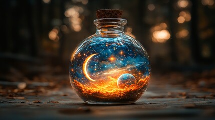 Round glass bottle, sealed with cork, contains miniature universe. Inside bottle, there are stars, crescent moon, and planet with rings, all floating in dark, starry space