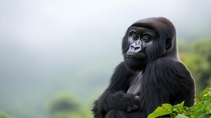 Naklejka premium Majestic mountain gorilla in misty forest