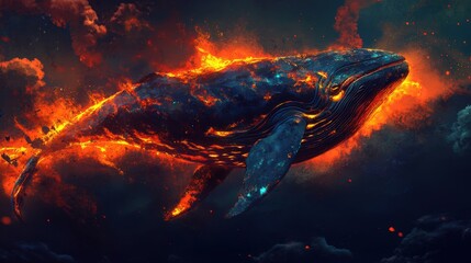 A whale with a fiery tail is swimming in the ocean
