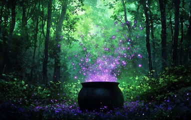 A magical cauldron emitting vibrant purple sparks in a lush green forest, creating an enchanting and mystical atmosphere.