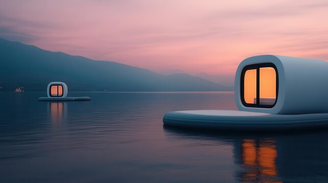 Serene floating meditation pods on lake