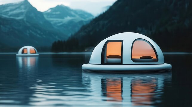 Serene floating meditation pods on lake