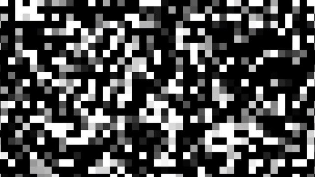 Abstract mosaic pattern in shades of white, gray, and black with fractal noise animation. Black and white blocks shifting and changing in a dynamic animation.