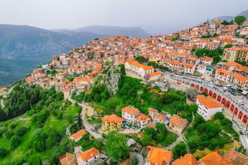 Obraz premium Aerial view of the town Arachova, Greece, near Parnassus mountain and Temple of Delphi.