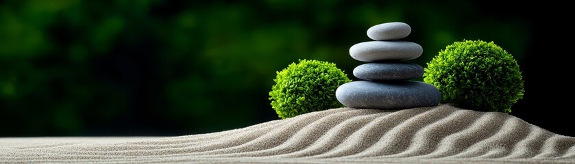 Serene, Zen garden with raked sand and pebbles, realistic, tranquility
