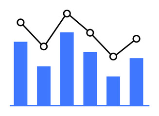 Bar graph with six blue bars of varying heights and black line graph with circular data points. Ideal for data analysis, performance tracking, financial reporting, presentations, and business strategy