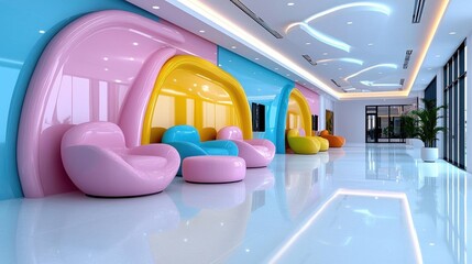 A bright pastel-themed business lounge with comfortable seating and a calm professional environment