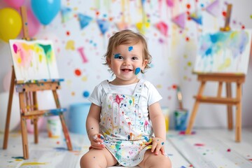 A baby is sitting on a floor with paint splatters all around him