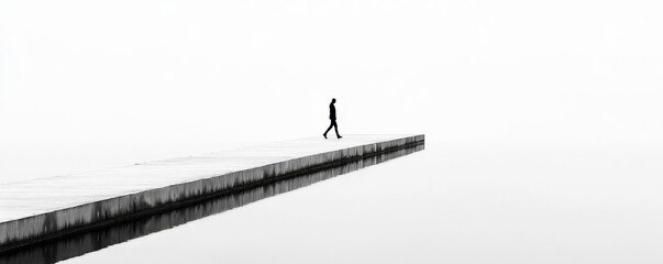 Serene, black and white photograph of a solitary figure walking along a misty pier, minimalist, visual solitude