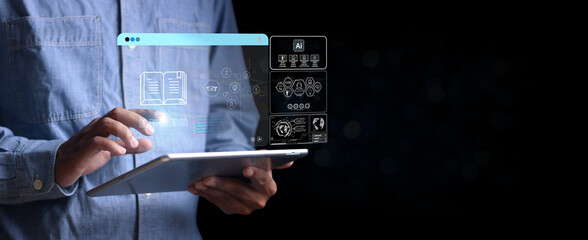 E-learning program certificate and online education learning workshop training.Male and female students icons virtual screen and Video lesson online classes on the internet.