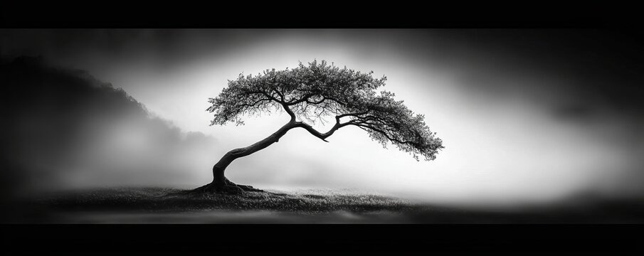 Serene, black and white photograph of a solitary tree in a foggy landscape, minimalist, visual tranquility