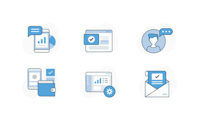 Vector icon set for mobile communication, finance, and data management. Depicts icons of online messaging, financial wallets, web settings, and email confirmations.